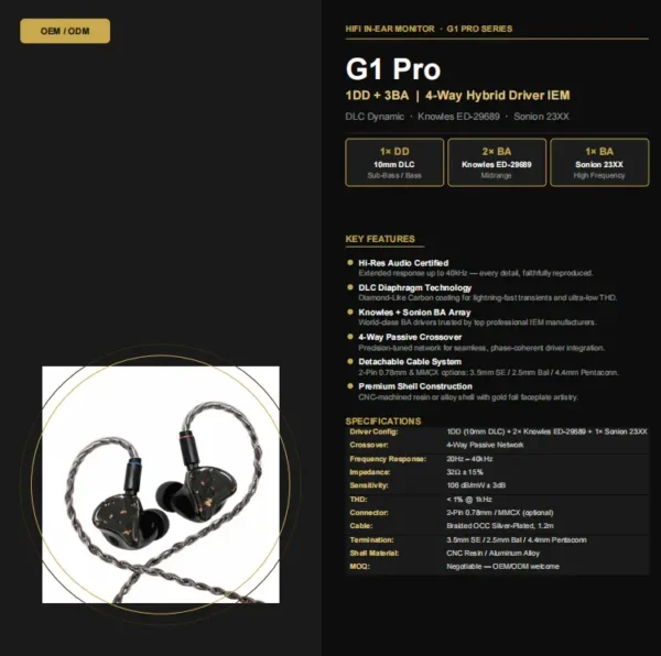 HIFI IEMs G1 Pro – 1DD+3BA 4-Way Hybrid Driver | DLC Dynamic + Knowles & Sonion BA | Hybrid Driver HIFI IEM - Image 7